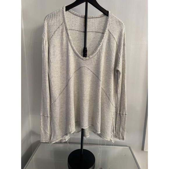 Free People Tops - Free People XS Raw Edge Thermal Waffle Knit Boho Slouchy Long Sleeve Top Oatmeal